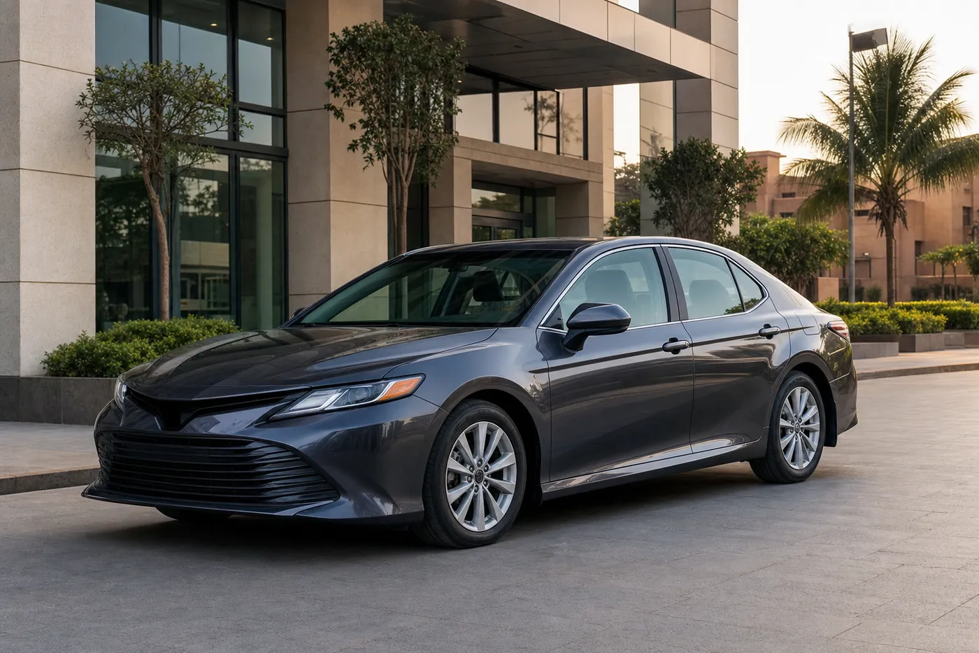 Toyota Camry gris anthracite stationnée devant un immeuble de bureaux à Bamako.