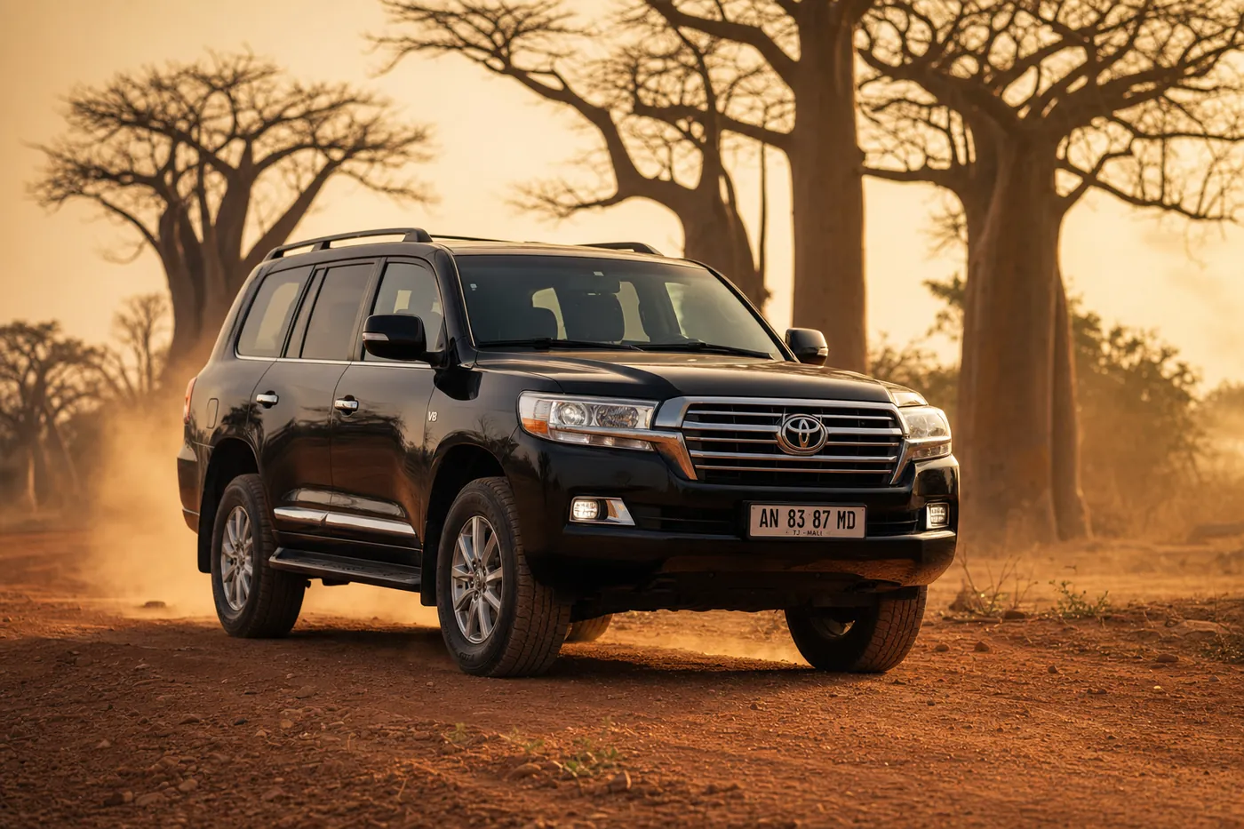 Toyota Land Cruiser V8 noir sur une piste de terre rouge bordée de baobabs, près de Bamako.