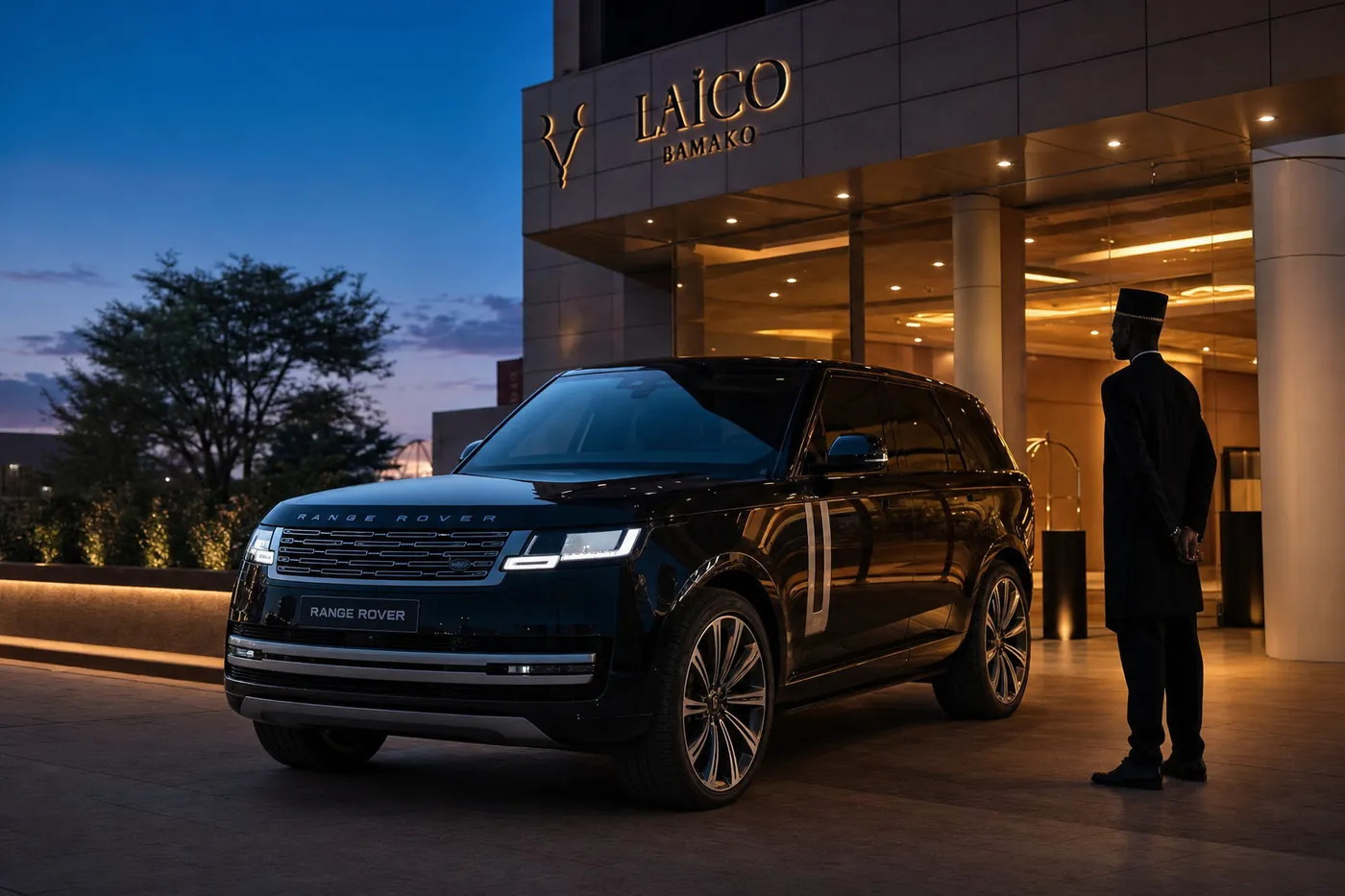 Range Rover noir devant l'entrée illuminée d'un hôtel cinq étoiles à Bamako, à l'heure bleue.