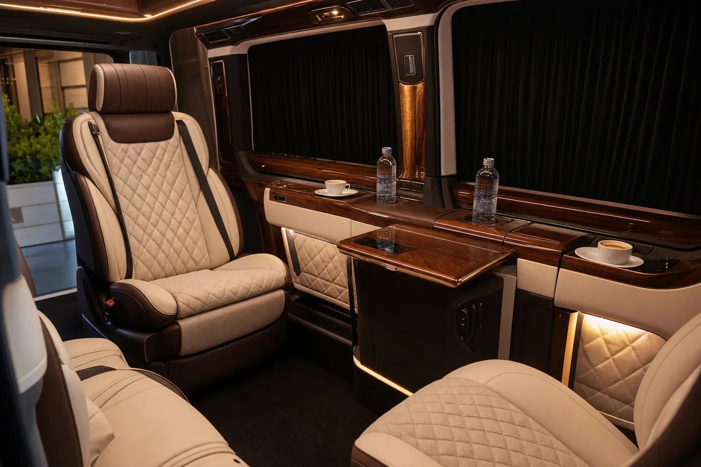 Intérieur d'un van de luxe : sièges cuir capitonnés crème, boiseries et tablettes rabattables.